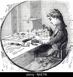 Illustrazione che mostra una donna lavoratrice, tarature guarda molle presso la American Watch Company nella loro fabbrica a Waltham, Massachusetts 1885 Foto Stock