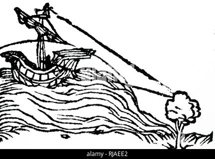 Silografia che mostra un navigatore su una nave, osservando la distanza della riva da una nave. Da Sacrobosco Shpaera Mundi; Strasburgo, 1539. Questa edizione è stata una traduzione in tedesco da Conrad Heynfogel, un allievo di Regiomontano. Foto Stock