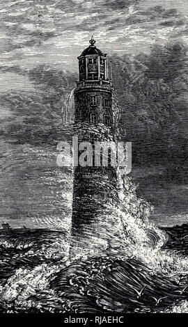 Una incisione raffigurante un faro di Eddystone in una tempesta, costruito da John Smeaton (1724-1792) un inglese ingegnere civile. Datata del XIX secolo Foto Stock