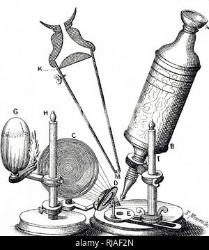 Una xilografia incisione raffigurante Robert Hooke il microscopio. Robert Hooke (1635-1703) un inglese un filosofo naturale, architetto e polymath. Risalenti al XVII secolo Foto Stock