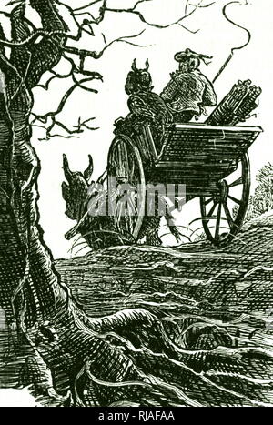 Una testiera raffigurante una carrozza a cavallo guidando attraverso una foresta. Illustrato da Francesco Wilfred Lawson (1842-1935) un pittore inglese. Datata del XIX secolo Foto Stock