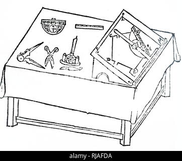 Una xilografia incisione raffigurante una tavola di disegno che mostra un laureato T-square in uso su un diagramma. Sulla tabella principale sono compassi e Levinus Hulsius' planimeter incorporante una bussola magnetica. Levinus Hulsius (1546-1606) Un produttore belga e rivenditore di strumenti scientifici; editore e stampante; linguista e lessicografo. Risalenti al XVII secolo Foto Stock