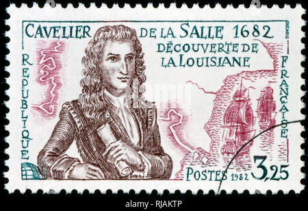 Il francese francobollo celebra Rene-Robert Cavelier, Sieur de La Salle, o Robert de La Salle (novembre 22, 1643 - Marzo 19, 1687) un esploratore francese. Ha esplorato la regione dei Grandi Laghi degli Stati Uniti e del Canada, il fiume Mississippi e il Golfo del Messico. Foto Stock