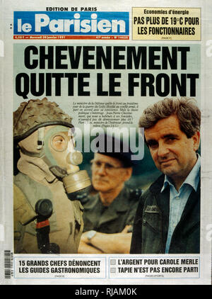 Chevenement si dimette dal governo francese headline in Le Parisien giornale 30 gennaio 1991. Jean-Pierre CHEVENEMENT (nato il 9 marzo 1939) è stato ministro della Difesa francese in 1988, ha servito fino al 1991, quando si è dimesso a causa della sua opposizione alla guerra del Golfo. Chevenement era un candidato nelle 2002 elezioni presidenziali. La guerra del Golfo (2 agosto 1990 - 28 febbraio 1991), nome in codice Operazione Desert Shield e la tempesta di deserto di funzionamento, è stata una guerra combattuta con le forze di coalizione da 35 nazioni condotte dagli Stati Uniti contro l'Iraq in risposta all'Iraq dell' invasione e l'annessione del Kuwait. Foto Stock