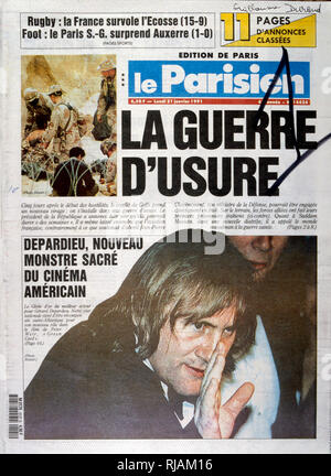 Headline in 'Le Parisien" un quotidiano francese, 21 gennaio 1991, concernenti il coinvolgimento francesi nella guerra del Golfo (2 agosto 1990 - 28 febbraio 1991). nome in codice Operazione Desert Shield e la tempesta di deserto di funzionamento, la guerra scatenata dalle forze della coalizione che da 35 nazioni condotte dagli Stati Uniti contro l'Iraq in risposta all'Iraq dell' invasione e l'annessione del Kuwait. Di seguito è riportato un resoconto sull'attore francese Gerard Depardieu Foto Stock