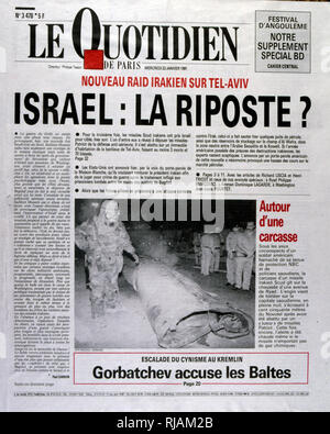 Headline in 'Le Quotidien' un quotidiano francese, 23 gennaio 1991, relativa a un attacco missilistico su Israele durante la guerra del Golfo (2 agosto 1990 - 28 febbraio 1991). nome in codice Operazione Desert Shield e la tempesta di deserto di funzionamento, la guerra scatenata dalle forze della coalizione che da 35 nazioni condotte dagli Stati Uniti contro l'Iraq in risposta all'Iraq dell' invasione e l'annessione del Kuwait. Le immagini mostrano il francese archiviato comandanti e la guerra francese mobile sotto il Presidente Mitterrand. Foto Stock