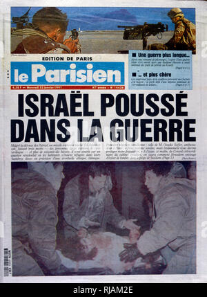 Headline in 'Le Parisien" un quotidiano francese, 23 gennaio 1991, relativa a un attacco missilistico su Israele durante la guerra del Golfo (2 agosto 1990 - 28 febbraio 1991). nome in codice Operazione Desert Shield e la tempesta di deserto di funzionamento, la guerra scatenata dalle forze della coalizione che da 35 nazioni condotte dagli Stati Uniti contro l'Iraq in risposta all'Iraq dell' invasione e l'annessione del Kuwait. Le immagini mostrano il francese archiviato comandanti e la guerra francese mobile sotto il Presidente Mitterrand. Foto Stock