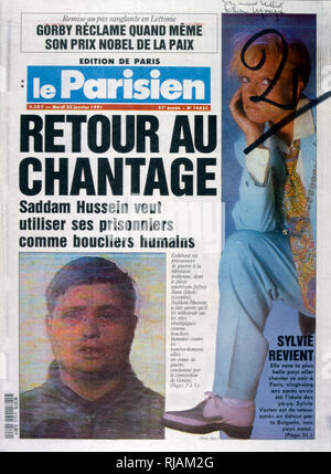 Headline in 'Le Parisien" un quotidiano francese, 2nnd gennaio 1991, concernenti catturato pilota usa durante la guerra del Golfo (2 agosto 1990 - 28 febbraio 1991). nome in codice Operazione Desert Shield e la tempesta di deserto di funzionamento, la guerra scatenata dalle forze della coalizione che da 35 nazioni condotte dagli Stati Uniti contro l'Iraq in risposta all'Iraq dell' invasione e l'annessione del Kuwait. Le immagini mostrano il francese archiviato comandanti e la guerra francese mobile sotto il Presidente Mitterrand. Foto Stock