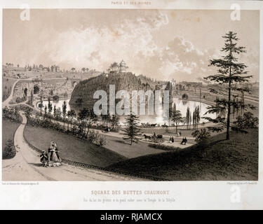 Xx secolo illustrazione che mostra il parco Buttes-Chaumont in Paris, aperto nel 1867, è stato costruito da Jean-Charles Alphand, che ha creato tutti i principali parchi di Napoleone III. La più famosa caratteristica del parco è il tempio de La Sibylle, ispirato al Tempio di Vesta a Tivoli, Italia, arroccato sulla cima di una scogliera a cinquanta metri sopra le acque del lago artificiale. Foto Stock