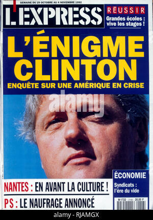 Headline nella pubblicazione francese "L'Express" concernente gli Stati Uniti elezioni presidenziali di novembre 1992. Le funzioni "enigma" del governatore Bill Clinton. Foto Stock