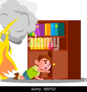 Kid ragazzo si arrampica nel ripiano armadio vestiti per nascondere dal fumo e fuoco vettore. Illustrazione isolato Illustrazione Vettoriale