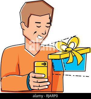 Giovane uomo utilizza lo smartphone con dono illustrazione vettoriale design Illustrazione Vettoriale