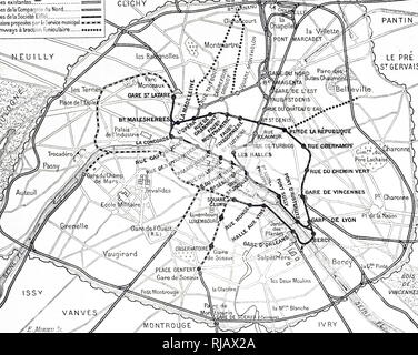 Una mappa della metropolitana di Parigi che mostra le attuali e proposte di linee. Datata del XIX secolo Foto Stock
