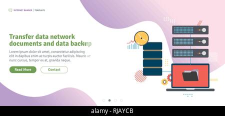 I dati di trasferimento di documenti in rete e backup dei dati. Condivisione di file, condivisione dati e documenti.Modello nel design piatto per banner web o una infografica in vec Illustrazione Vettoriale