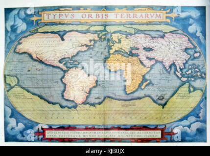 Mappa del mondo:Typus Orbis Terrarum da Abraham Ortelius Foto Stock