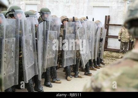 Soldati rumeni di 265Polizia Militare Battaglione e soldati armena della terza compagnia di fanteria, 2° battaglione di fanteria preparare per impegnare U.S. I soldati del primo battaglione, 4° Reggimento di Fanteria role-playing ostile civili durante la conduzione di una folla antisommossa scenario durante una forza per il Kosovo (KFOR) Missione prove generali di esercizio (MRE) al giunto multinazionale Centro Readiness in Hohenfels, Germania, nov. 4, 2016. La KFOR MRE 22 è progettato per preparare il trentasettesimo della brigata di fanteria combattere Team per il sostegno della pace e della stabilità e del contingente della cooperazione in Kosovo a sostegno delle autorità civili in ma Foto Stock