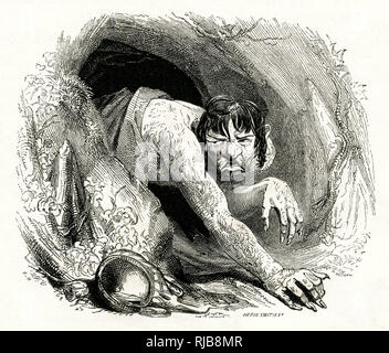 Illustrazione di Kenny prati per la tempesta, da William Shakespeare. Ritratto di Caliban emergente dalla sua grotta. Foto Stock