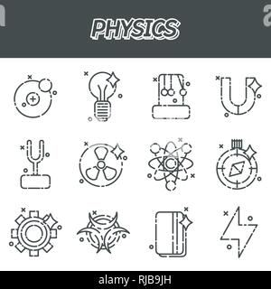 Fisica set di icone. Attrezzature di misurazione, strumentazione ed elementi Illustrazione Vettoriale