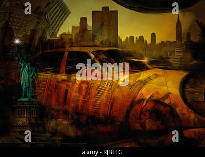Pittura surreale. La New York del paesaggio urbano. Statua della Libertà. Yellow Cab. Foto Stock