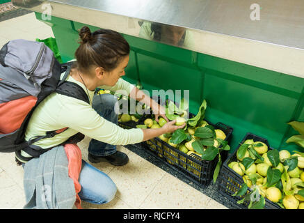 Donna spagnola acquisto di limoni freschi nel mercato in Spagna Foto Stock