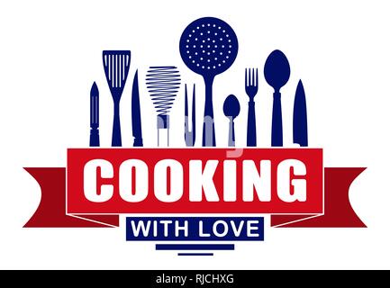 Cucinare con amore design vettoriali per il vostro logo o emblema con banner rosso e sagome di utensili da cucina e stoviglie. Illustrazione Vettoriale