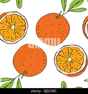 Arancione, perfetta design pattern, disegnati a mano doodle, schizzo in pop art style, Illustrazione a colori, sfondo bianco Foto Stock
