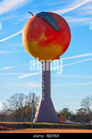 La pesca a forma di torre di acqua è raffigurato, gen. 3, 2011, in Clanton, Alabama. Clanton, situato nella contea di Chilton, è noto per le sue pesche. Foto Stock