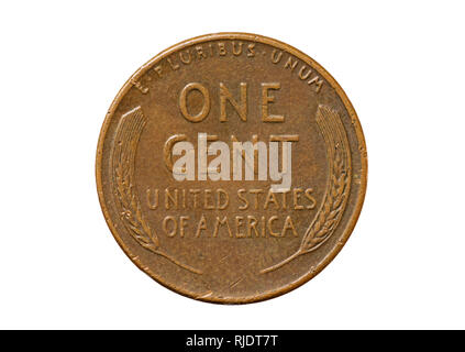 Vecchio usato negli Stati Uniti orecchio di grano di un centesimo di rame moneta penny isolato su bianco Foto Stock