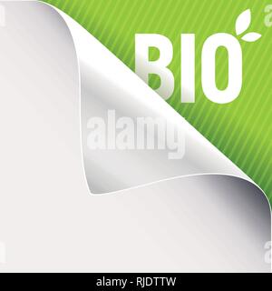 Angolo arricciato del libro bianco su una verde in alto a destra sullo sfondo di angolo. Bio slogan segno con foglie. Illustrazione Vettoriale. Illustrazione Vettoriale