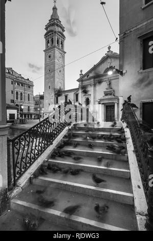 Una lunga esposizione in un ponte di Venezia dove i piccioni può essere dimostrato. Foto Stock