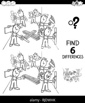 Bianco e Nero Cartoon illustrazione di trovare 6 differenze tra le immagini del gioco educativo per i bambini con i lavoratori e i costruttori al lavoro Colo Illustrazione Vettoriale