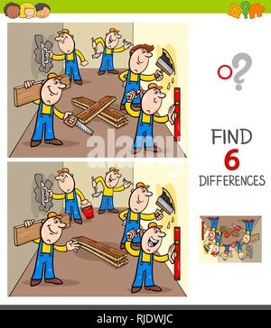 Illustrazione del fumetto di trovare 6 differenze tra le immagini del gioco educativo per i bambini con i lavoratori e i costruttori al lavoro Illustrazione Vettoriale
