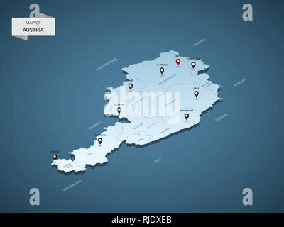 Isometrica, 3d'Austria mappa mappa vettoriale illustrazione con città, frontiere, capitale, divisioni amministrative e i contrassegni del puntatore; gradiente dello sfondo blu. Illustrazione Vettoriale