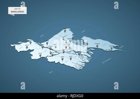 Isometrica, 3D Bangladesh mappa, illustrazione vettoriale con città, frontiere, capitale, divisioni amministrative e i contrassegni del puntatore; gradiente dello sfondo blu. Illustrazione Vettoriale