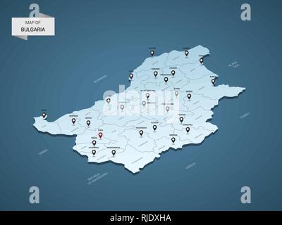 Isometrica, 3D Bulgaria mappa, illustrazione vettoriale con città, frontiere, capitale, divisioni amministrative e i contrassegni del puntatore; gradiente dello sfondo blu. Illustrazione Vettoriale