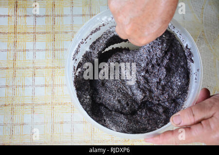 Lo chef mescola gli albumi con semi di papavero per preparare una torta 2019 Foto Stock