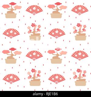 Carino incantevole vettore seamless pattern illustrazione dello sfondo con alberi di bonsai e ventole Illustrazione Vettoriale