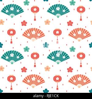 Carino oriental seamless disegno vettoriale illustrazione dello sfondo con ventole, le lanterne cinesi, fiori e coriandoli Illustrazione Vettoriale