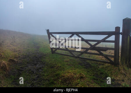 La parte di legno aperto fattoria che conduce a campo visto su un inverni nebbioso giorno in Lancashire, Inghilterra Foto Stock