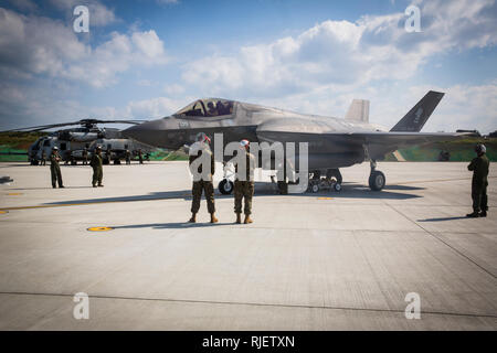 Marines osservare come inesplosi è caricato su di un F-35B Lightning II getto distribuito durante le operazioni STOVL (DSO) con Marine elicottero pesante Squadron 465 e Marine attacco Fighter Squadron 121 su Ie Shima isola, Giappone, 23 gennaio, 2019. La prova abilitata CH-53E elicotteri da ri-combustibile e ri-braccio F-35B Lightning II getti da un armamento di avanzamento e punto di rifornimento (FARP), migliorando notevolmente la flessibilità operativa, la capacità di sopravvivenza e la letalità del F-35B. Il FARP fornito un caldo di fare rifornimento di carburante e di acqua calda per ricaricare più aeromobili con tutti i turni (AUR), noto anche come un assemblato completamente abbiamo Foto Stock