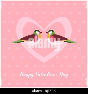 Happy Valentines Day Card con due uccelli nel cuore. Piccoli cuori Pattern su sfondo. Illustrazione Vettoriale. Illustrazione Vettoriale
