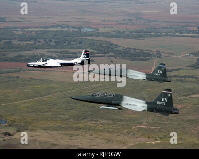 Due US Air Force (USAF) T-38 Taloni aerei e una USAF T-38B Tweet aeromobile assegnati all'ottantesimo Tactical Fighter Wing (TFW), aria di istruzione e di formazione (Comando AETC) volare una nave tre formazione su Sheppard Air Force Base in Texas (TX), in occasione del ventesimo anniversario della Comunità europea (EURO) Organizzazione del Trattato del Nord Atlantico (NATO) getto comune pilota di formazione (ENJJPT scuola). Foto Stock