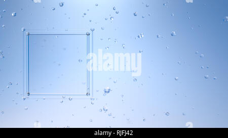 Telaio di vetro su sfondo blu pieno di battenti particelle di cristallo. Dell'artista poster pubblicitari mockup 3d illustrazione con copyspace per il testo Foto Stock