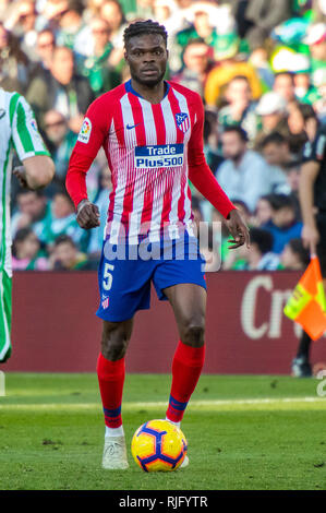 SEVILLA, 03-02-2019. Primera Division campionato spagnolo. LaLiga. Estadio Benito Villamarin. Thomas Partey (Atletico de Madrid) durante il gioco Real Betis - Atletico de Madrid. Foto Stock