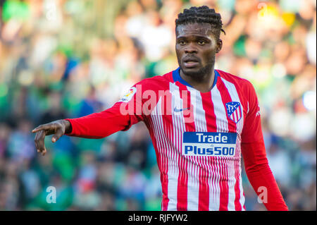 SEVILLA, 03-02-2019. Primera Division campionato spagnolo. LaLiga. Estadio Benito Villamarin. Thomas Partey (Atletico de Madrid) durante il gioco Real Betis - Atletico de Madrid. Foto Stock