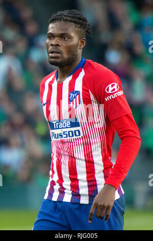 SEVILLA, 03-02-2019. Primera Division campionato spagnolo. LaLiga. Estadio Benito Villamarin. Thomas Partey (Atletico de Madrid) durante il gioco Real Betis - Atletico de Madrid. Foto Stock