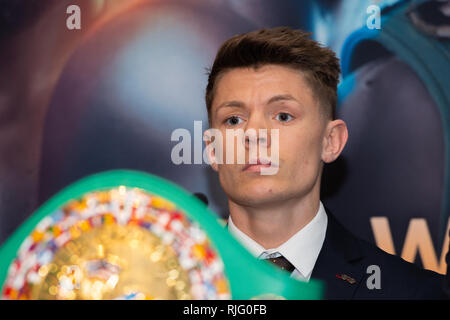 Londra, Regno Unito. 6 febbraio 2019. Charlie Edwards durante Edwards vs Moreno - WBC Mondo Pesi Mosca Titolo conferenza stampa al Grange City Hotel il Mercoledì, 06 febbraio 2019. Londra, Inghilterra. (Solo uso editoriale, è richiesta una licenza per uso commerciale. Nessun uso in scommesse, giochi o un singolo giocatore/club/league pubblicazioni.) Credito: Taka G Wu/Alamy News Foto Stock