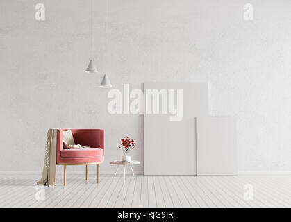 Mock up del fotogramma poster in stile scandinavo hipster interni. Interni minimalisti con poltrona. 3D'illustrazione. Foto Stock