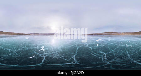 Visualizzazione panoramica a 360 gradi di Crepe sul ghiaccio liscio lago Baikal. 360 sferica 180 panorama vr