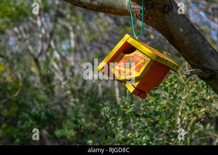 Legno bird house appeso sul ramo di un albero con il fogliame verde sullo sfondo Foto Stock